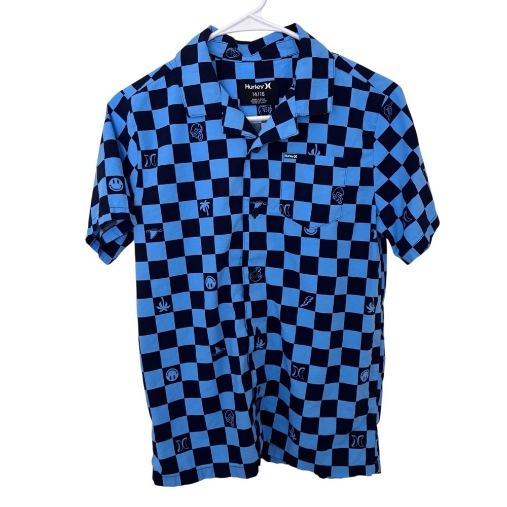 Hurley kids Blue black Checkerboard Short Sleeve button down Shirt 14/16